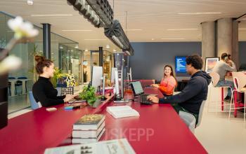 Bright, modern workspace at Waldopstraat 5, The Hague Center, with professionals engaged in discussions and computer work. Ideal office space rental for collaborative activity.