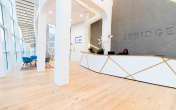 Bright and modern reception area at Jan Pietersz. Coenstraat 7 office space rental in the Hague Haagse Hout with a welcoming desk and contemporary design.