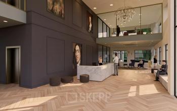 Spacious and modern office lobby with a reception desk, large artwork on the walls, and people engaging in discussions. Ideal office space rental opportunity in The Hague Statenkwartier.