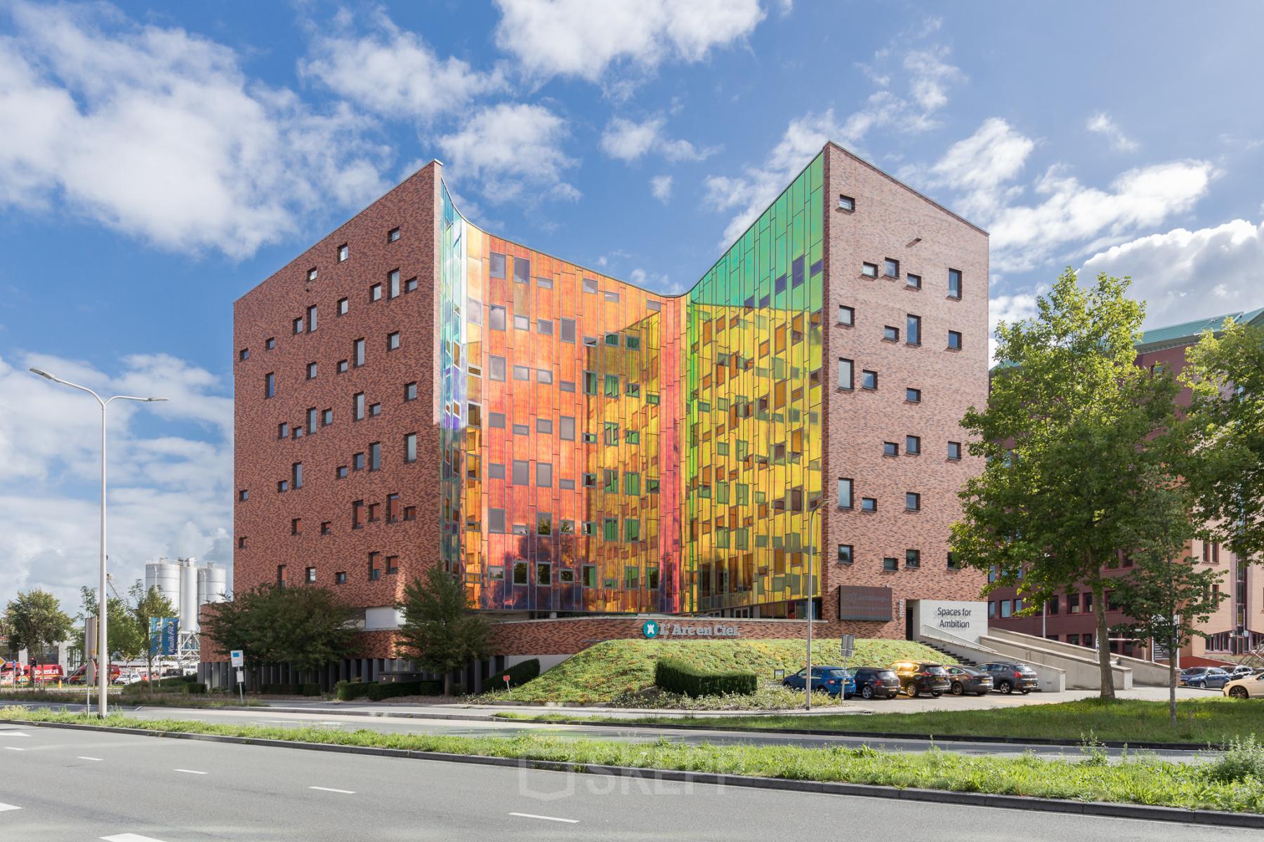 Colorful modern building at Zutphenseweg 29, Deventer, perfect for office space rental.