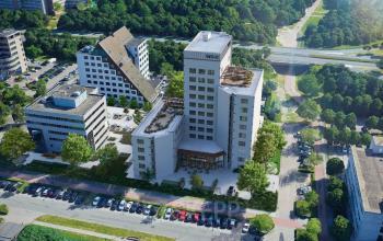 Aerial view of office buildings at Diemerhof 42, Diemen, featuring convenient parking for office space rental.