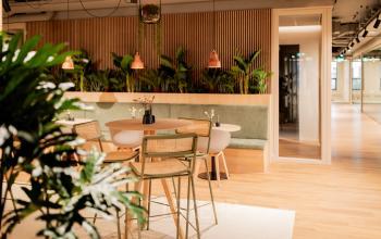 Modern office space in Diemerhof 42, Diemen featuring stylish wooden decor and indoor plants, perfect for office space rental.