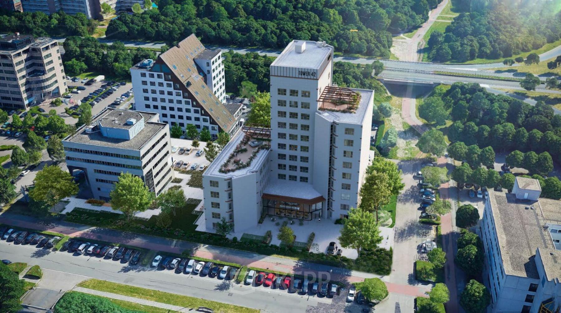 Aerial view of office buildings at Diemerhof 42, Diemen, featuring convenient parking for office space rental.