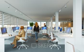 Modern office for rent at Weesperstraat 118, Diemen, featuring spacious workstations with computers, large windows, and bright lighting.