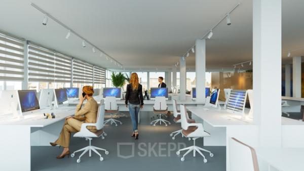Modern office for rent at Weesperstraat 118, Diemen, featuring spacious workstations with computers, large windows, and bright lighting.