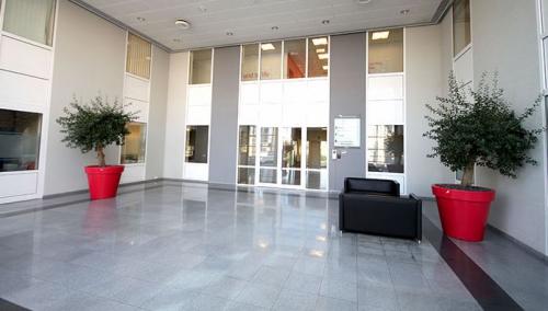 Entrance area of the office located at Pontbeekstraat 2-4, Dilbeek, featuring tiled floors, large potted plants, and a black sofa.