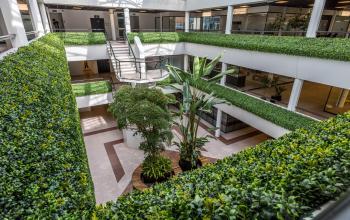Interior view of a multi-level office with lush greenery and a central open area at Luchthavenweg 81, suitable for office space rental.