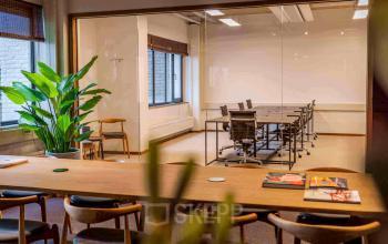 Spacious conference room at Emmasingel 33, Eindhoven Center, featuring a large wooden table surrounded by chairs, green plants, and natural light, ideal for office space rental.