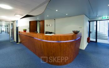 Modern reception area at Fellenoord 130, Eindhoven Center, ideal for an office space rental with a sleek wooden desk and ambient lighting.