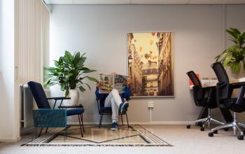 A cozy office space at Weegschaalstraat 3, Eindhoven North featuring comfortable chairs, a potted plant, and a wall art piece. A person is reading a newspaper.