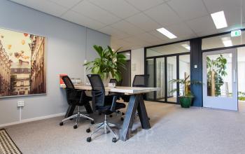 Furnished office space rental available at Weegschaalstraat 3, Eindhoven North, featuring a modern table with chairs, large plants, and artwork on the walls.