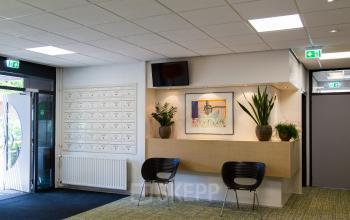Reception area with mailboxes, plants, and two chairs at Weegschaalstraat 3, Eindhoven North, great for office space rental.