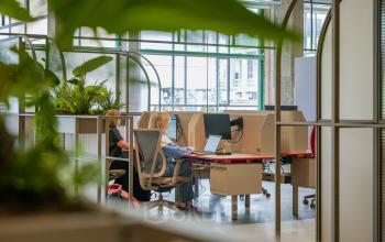 Modern office space rental at Frederiklaan 10A, Eindhoven Strijp-S, featuring open workspaces with natural light and green plants for a refreshing environment.