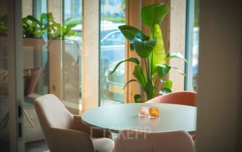 Stylish office to rent at Moutlaan 1-23, Enschede, featuring a modern workspace with vibrant chairs, a round table, and lush plants. Ideal for creative meetings and office space rental.