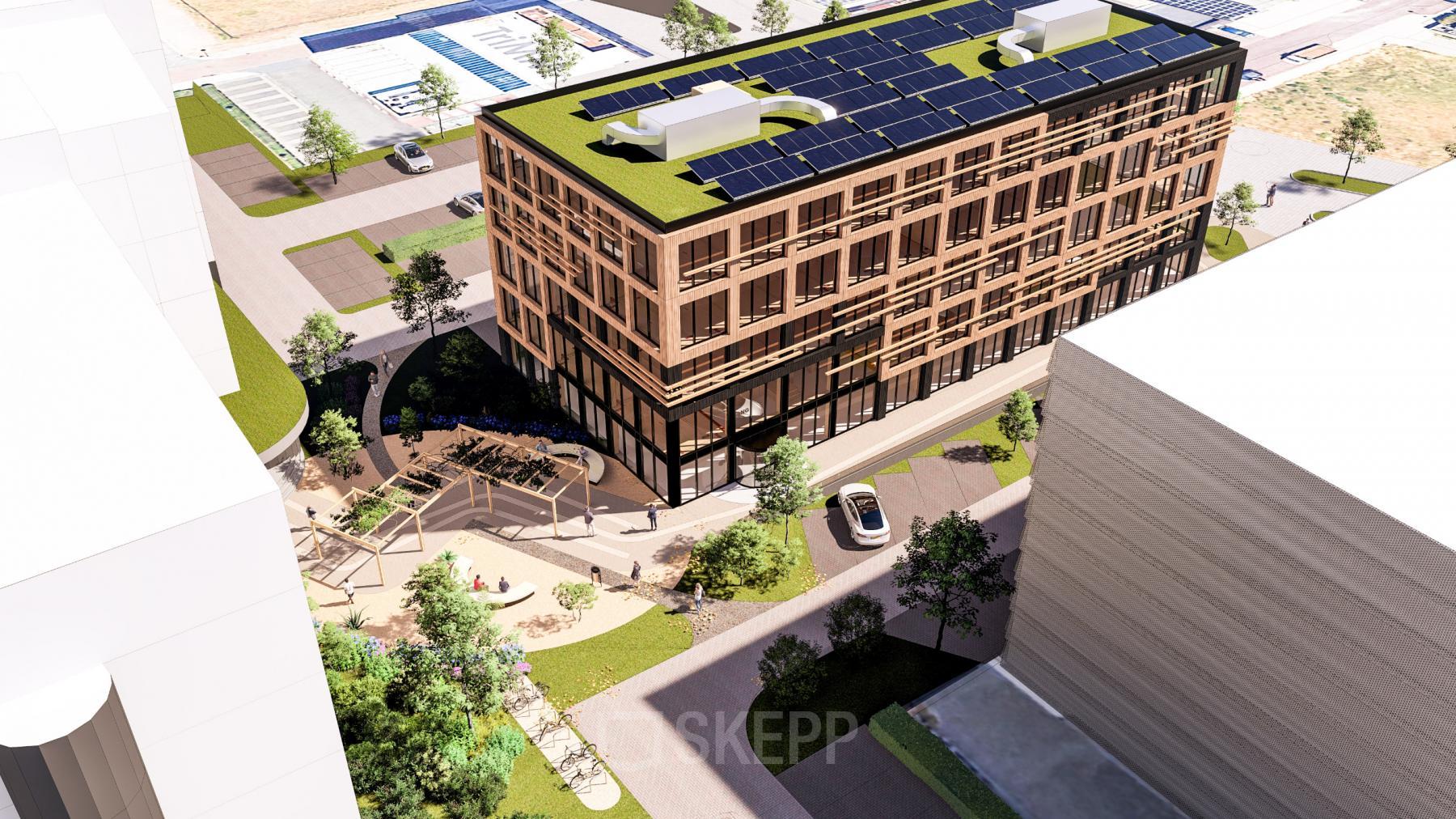 A modern office building on Moutlaan 1-23, Enschede, features solar panels on the roof and a sleek wooden facade. Ideal for office space rental.