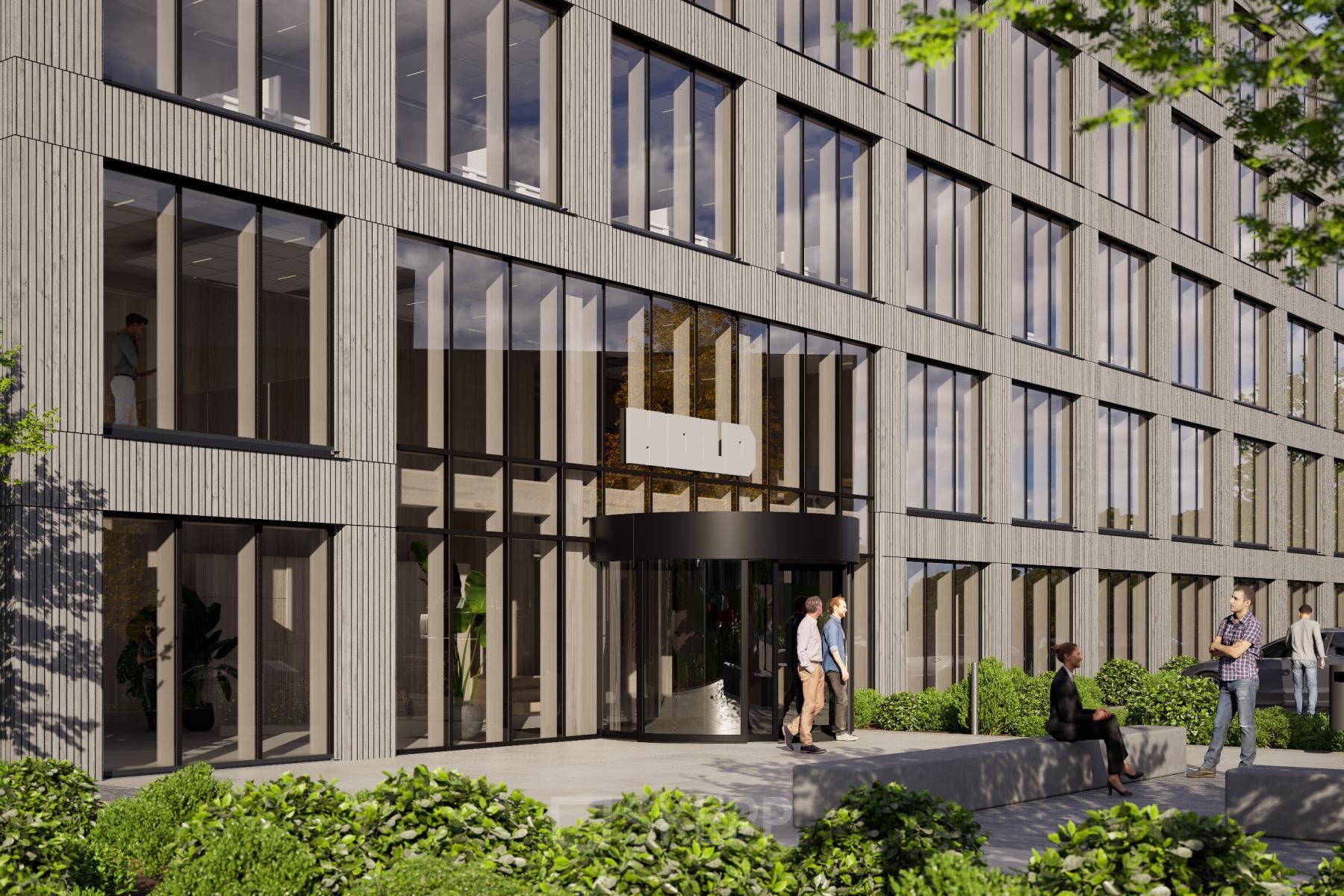 Modern exterior view of the office building at Moutlaan 1, Enschede, featuring large windows and a welcoming entrance. The surrounding greenery enhances the appeal of this office space rental location.