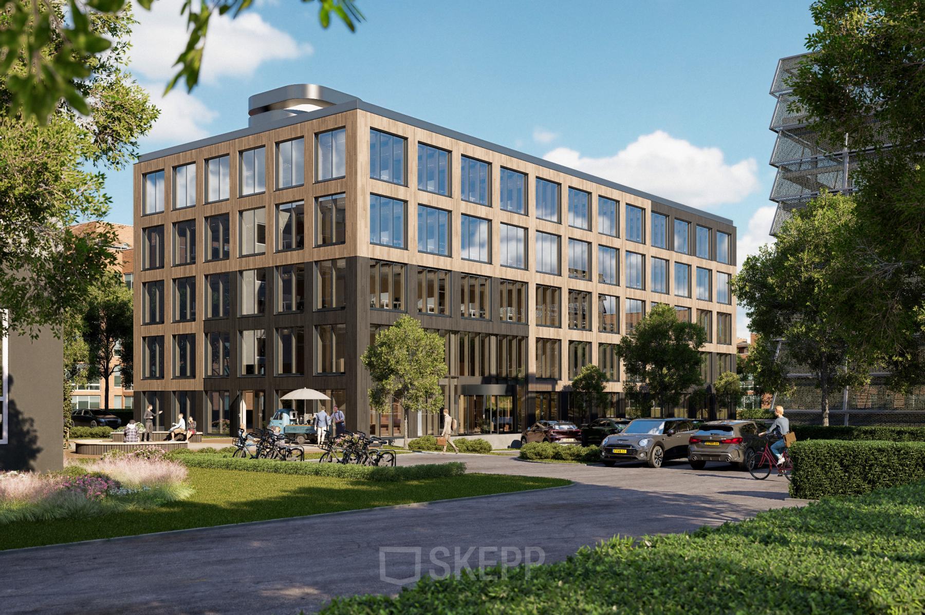 Exterior view of the office building at Moutlaan 1-23, Enschede, with cars and bicycles parked outside, ideal for office space rental.