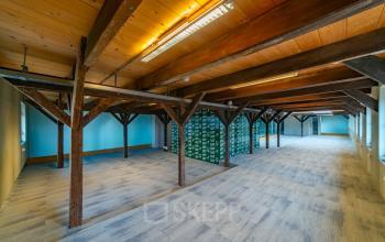 Spacious office to rent at Prins Hendrikkade 3, Franeker featuring an open floor plan with exposed beams and new carpeting, perfect for flexible office space rental opportunities.