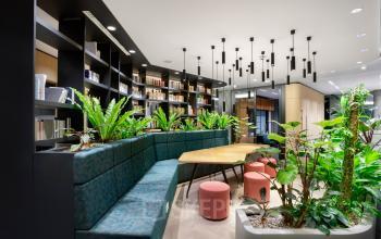 Moderner Büroraum mit grünen Pflanzen, eleganten Sitzgelegenheiten und dekorativen Regalen in der Junghofstraße 9, perfekt zum Büro mieten in Frankfurt Innenstadt.