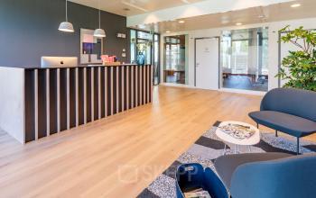 Moderne Empfangsbereich im Büro zur Miete auf Route de Meyrin 123 in Genf Vernier, mit hellen Holzböden, bequemen Sitzgelegenheiten und einem eleganten Empfangstresen.