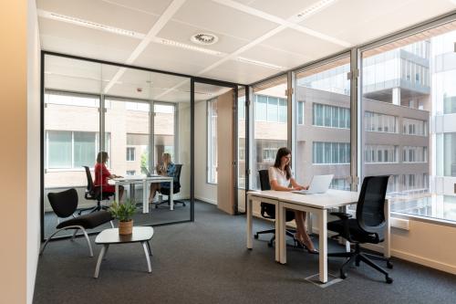 Kantoorruimte te huur op Gaston Crommenlaan 8, Gent Ledeberg. Moderne werkruimte met grote ramen. Twee medewerkers in overleg in de vergaderruimte, en één persoon aan het werk aan haar bureau.