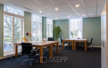 Well-lit office space rental at Kennemerplein 20, Haarlem Centraal Station, with desks, chairs, and leafy plants next to large windows.