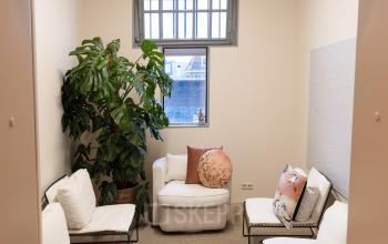Cozy office space rental at Koepelplein 1E, Haarlem Centrum, featuring plush seating, decorative plants, and a window, ideal for productive meetings or individual work sessions.