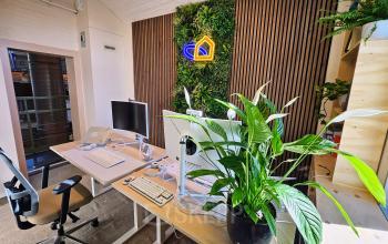 Bright and modern office space at Koepelplein 1E in Haarlem Centrum featuring contemporary workstations, lush greenery, and a welcoming atmosphere perfect for productivity. Ideal for office space rental seekers.