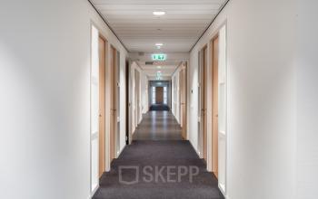 A well-lit hallway with multiple doors leading to various office spaces for rent at Mollerusweg 84, Haarlem Waarderpolder.