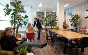 A furnished open-plan office space at Waarderweg 19, Haarlem Waarderpolder, features people working at tables surrounded by greenery. Ideal for those seeking office space rental.