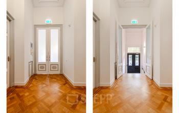 Elegant office entrance with wooden parquet floors and double doors at Dreef 34, Haarlem Zuid, Haarlem. Office space rental available.
