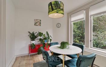 Cozy office space at Florapark 7, Haarlem Zuid, featuring a round table with chairs, vibrant plants, natural light from large windows, and nature-themed decor.