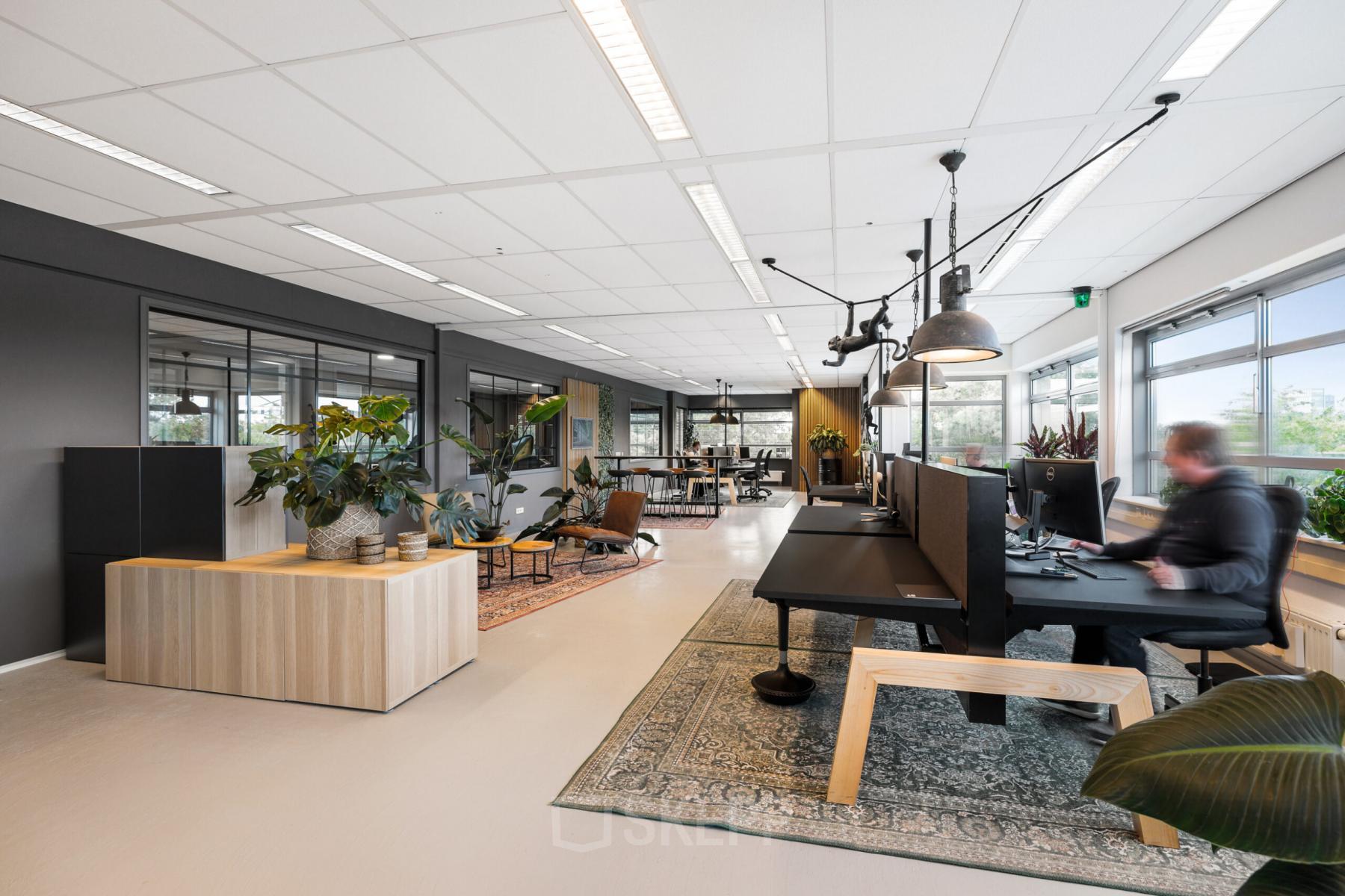 Modern office space rental at Hazenweg 2 2 in Hengelo, featuring spacious desks, indoor plants, and natural light.