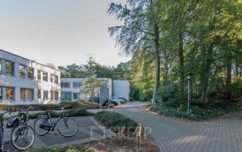 Exterior view of the office at Mozartlaan 25 in Hilversum, surrounded by greenery, with cars parked in the driveway. Ideal location for rent office space.