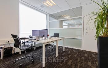 Modern office to rent at Europalaan 24, Maastricht-Airport, featuring two desks with monitor setups, ergonomic chairs, and a large plant, highlighted by natural light from the window.