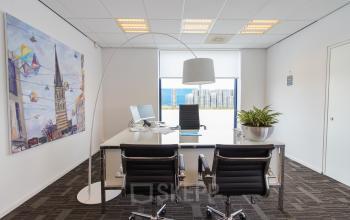 Modern furnished office to rent at Europalaan 24, Maastricht-Airport with a sleek desk, chairs, and a painting on the wall.