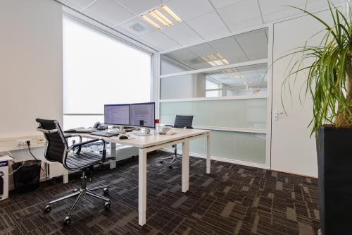Modern office to rent at Europalaan 24, Maastricht-Airport, featuring two desks with monitor setups, ergonomic chairs, and a large plant, highlighted by natural light from the window.