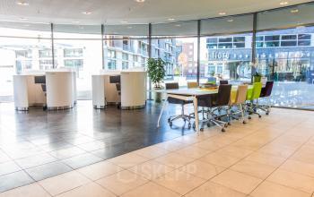 Bright, modern office space with large windows at Avenue Ceramique 221, Maastricht, available for rent. Features a long table with colorful chairs and multiple workstations.