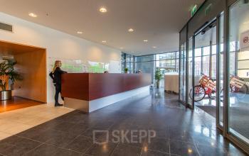Modern reception area at Avenue Ceramique 221, Maastricht, ideal for office space rental, featuring a long wooden desk, tiled flooring, and a welcoming atmosphere.