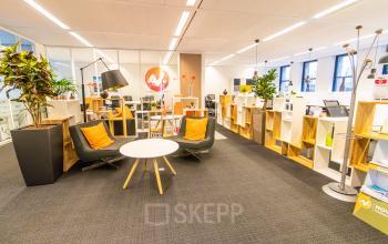 Furnished office space at Robert Schumandomein 2, Maastricht, featuring modern seating and decorative plants, ideal for office space rental.