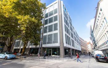 Exterior view of an office building at Herzogspitalstraße 24, Munich Old Town, showcasing a modern design. Ideal for office space rental.