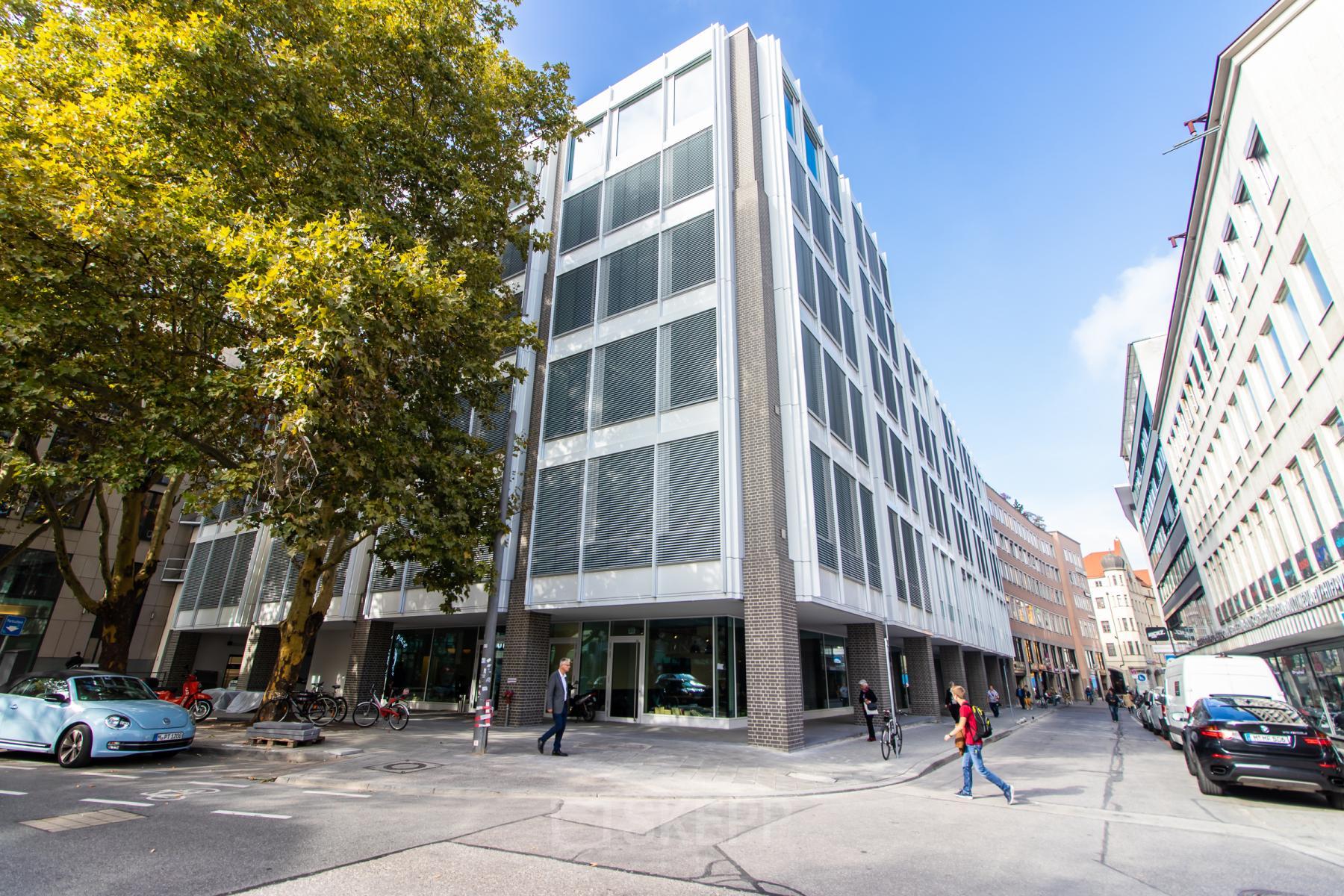Exterior view of an office building at Herzogspitalstraße 24, Munich Old Town, showcasing a modern design. Ideal for office space rental.