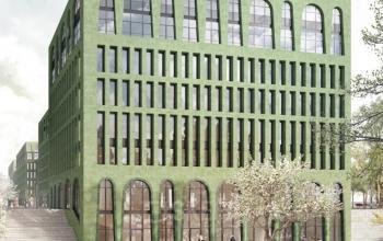 Exterior view of office building at Christoph-Rapparini-Bogen 25, Munich Laim, Munich with people walking outside.