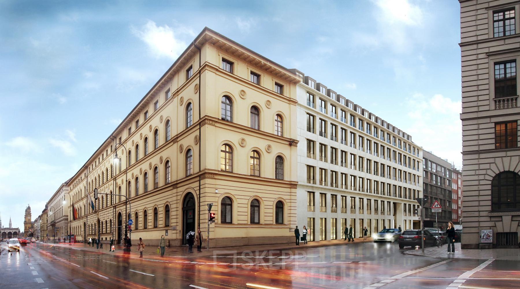 Außenansicht eines großen Bürogebäudes in der Theresienstraße 1, München Maxvorstadt, ideal um ein Büro zu mieten.
