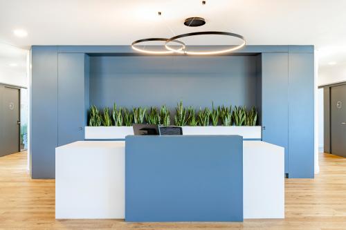 Modern reception area with minimalist design at Carl-Zeiss-Ring 15a, Munich North, featuring a sleek desk, green plants, and contemporary lighting.