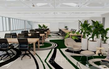 Espace de bureau à louer moderne avec de grandes fenêtres, plantes vertes, chaises ergonomiques et bureaux en bois à Rue de la Victoire 10, Paris 9ème.