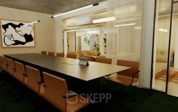 Salle de réunion moderne avec longue table noire et chaises marron, dans un espace de bureau à louer à Rue de la Victoire 10, Paris 9ème.