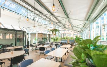 Bright, modern workspace at Lange Kleiweg 50-62, Rijswijk featuring large windows, abundant natural light, and greenery, ideal for office space rental.