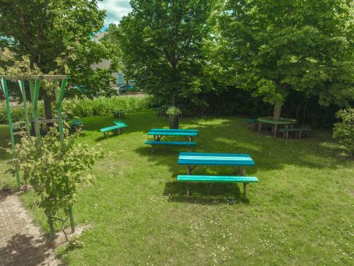 Outdoor seating area with several green picnic tables surrounded by trees at Lange Kleiweg 50-62, ideal for breaks or informal meetings when renting office space.
