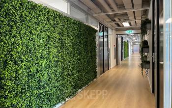 Modern corridor at Generaal Eisenhowerplein 111, Rijswijk, featuring vibrant greenery walls and sleek office entrances. Ideal for office space rental, blending style with function in a professional setting.